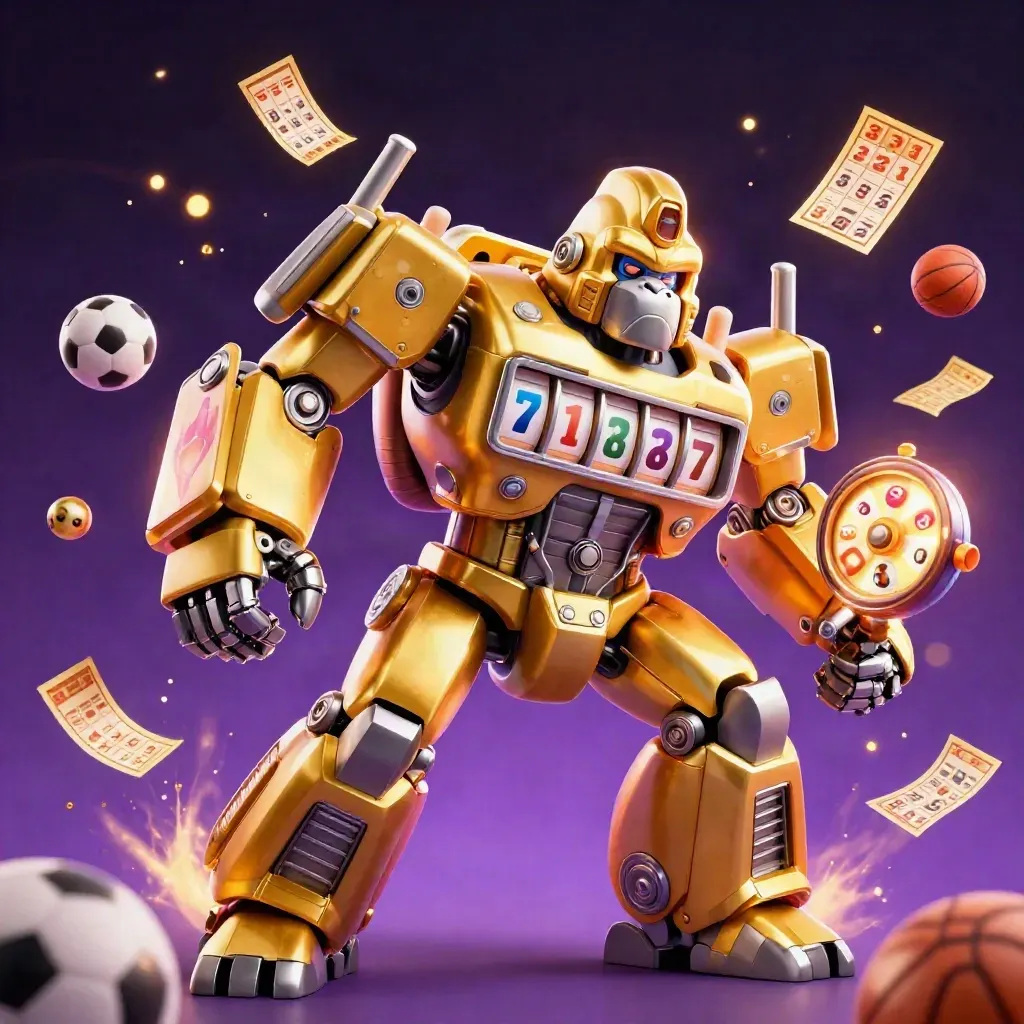 Golden gorilla mech with monkey pilot, lottery balls, bingo card, prize wheel, tickets, sports props, glowing haze