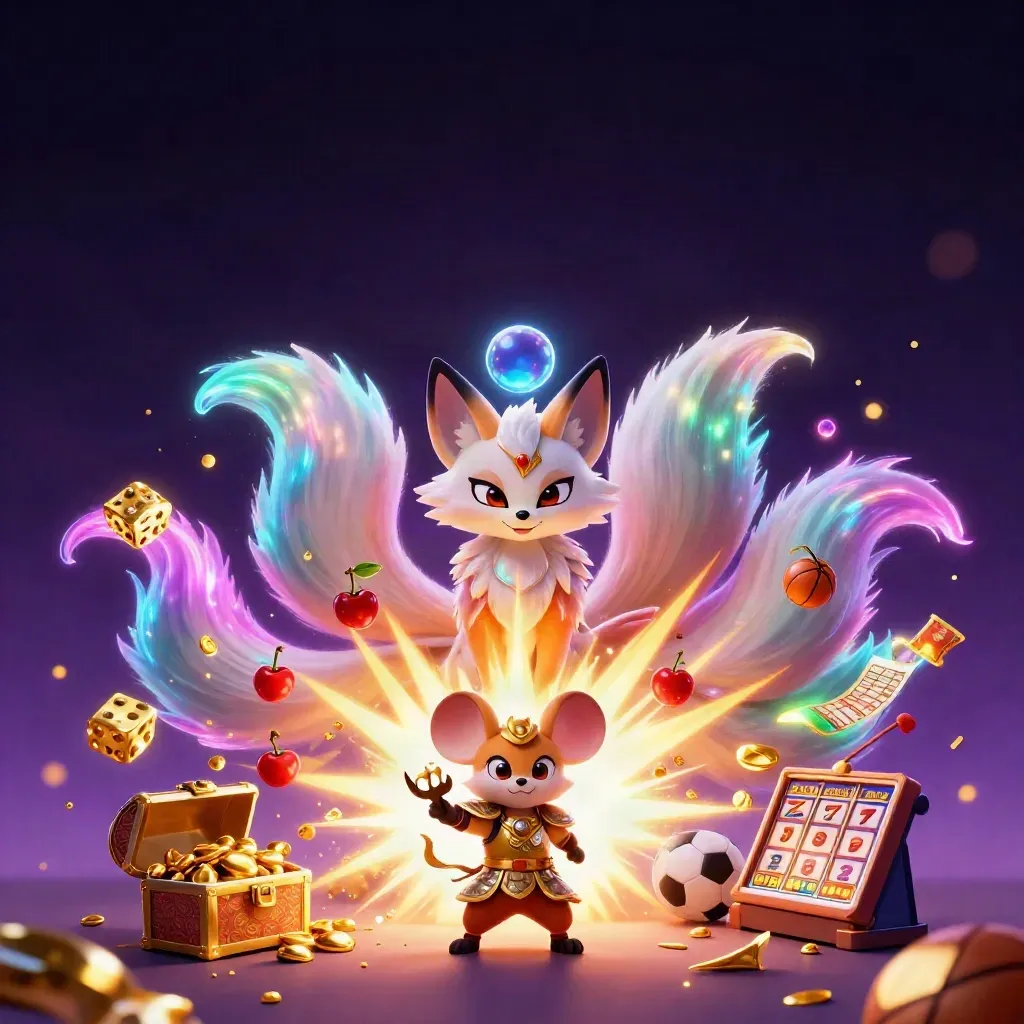 Fox spirit and samurai mouse amid gold, dice, slot burst, and neon casino magic.