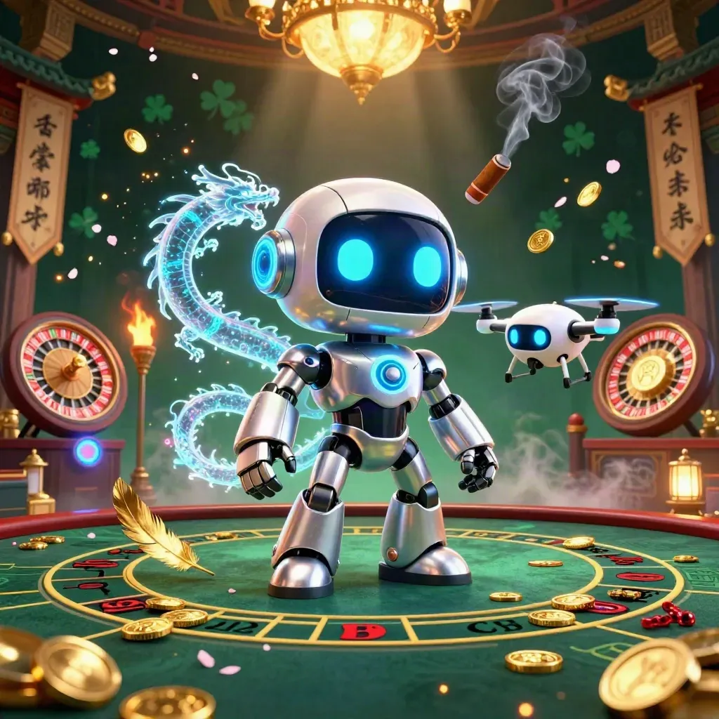 Cyberpunk robot, holographic dragon and drone in a luxe emerald casino room with gold glow and runes.