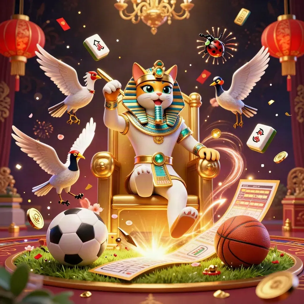 Pharaoh cat, ibis scribe and scarabs amid casino icons and sports balls in a gold-lit burst.