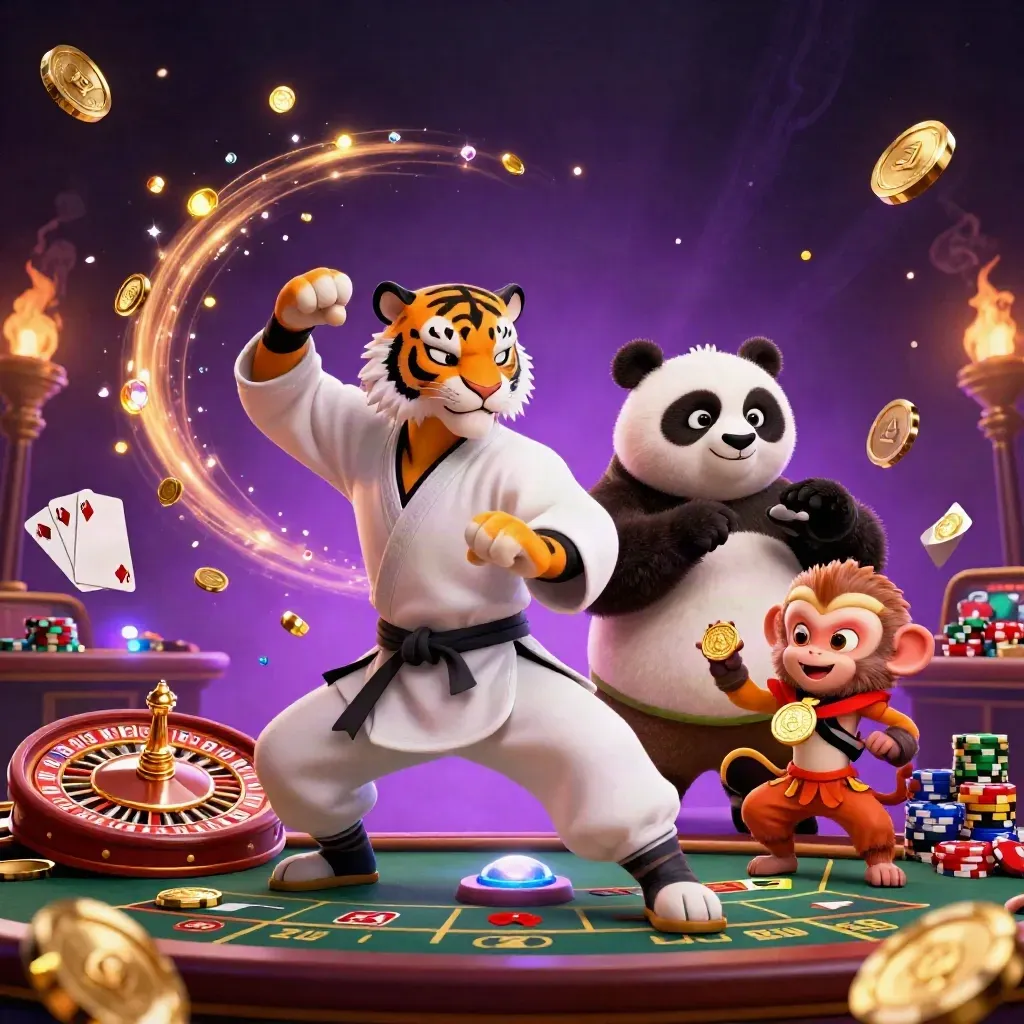 Kung-fu tiger, panda, and monkey in a lavish casino scene with coins, gems, and a spinning wheel.