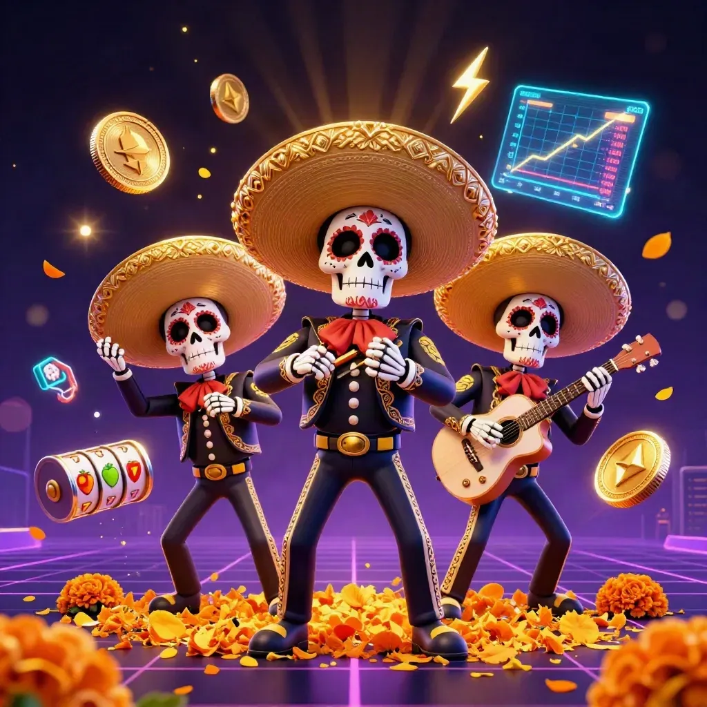 Day-of-the-Dead mariachi skeleton trio amid crypto coins, neon sparks, and reels