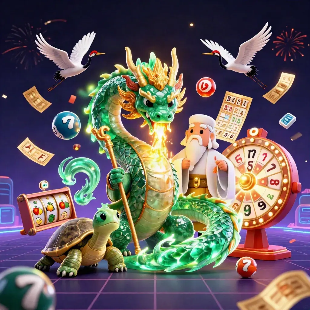 Emerald dragon, turtle sage and cranes amid gold fire, lottery balls, and casino sparks.