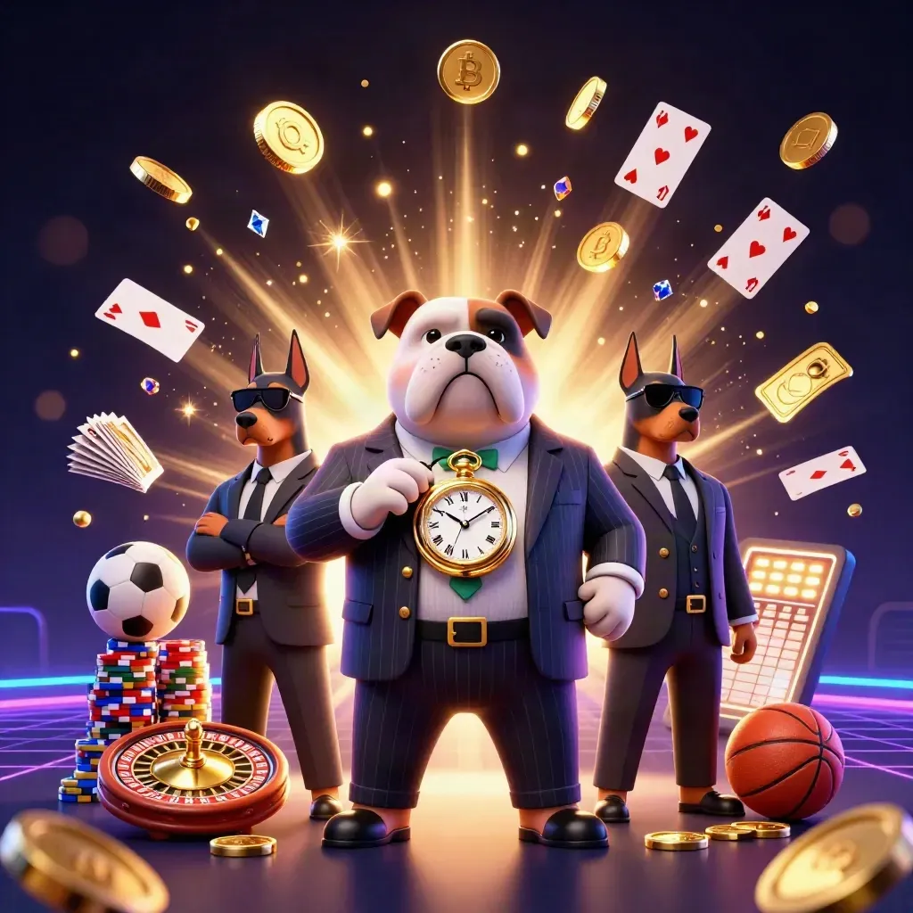 Mafia bulldog and Dobermans amid coins, chips, cards, roulette wheel, fireworks, and glowing casino light.