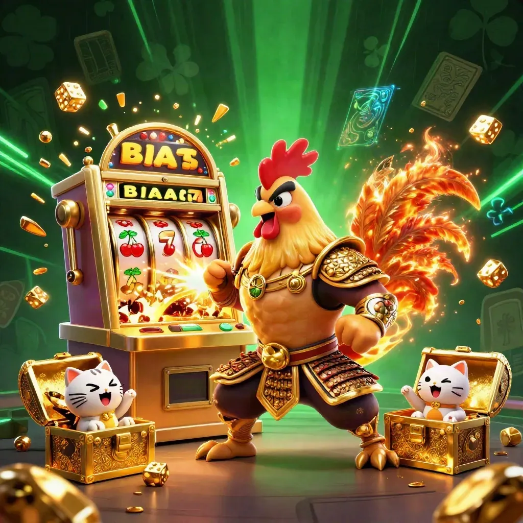 Rooster samurai, spark-breathing hatchling and cheering cat amid exploding slot reels and gold.