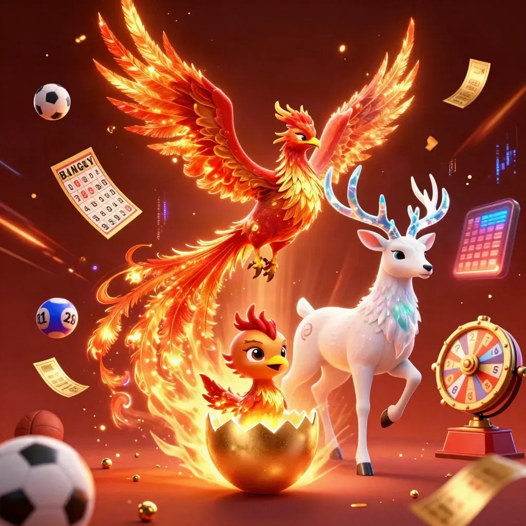 Fire phoenixes and a crystal stag burst amid casino tokens and glowing sports props.