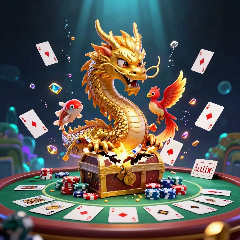 Golden dragon with phoenix and koi amid poker chips, aces and treasure on a dark neon backdrop.
