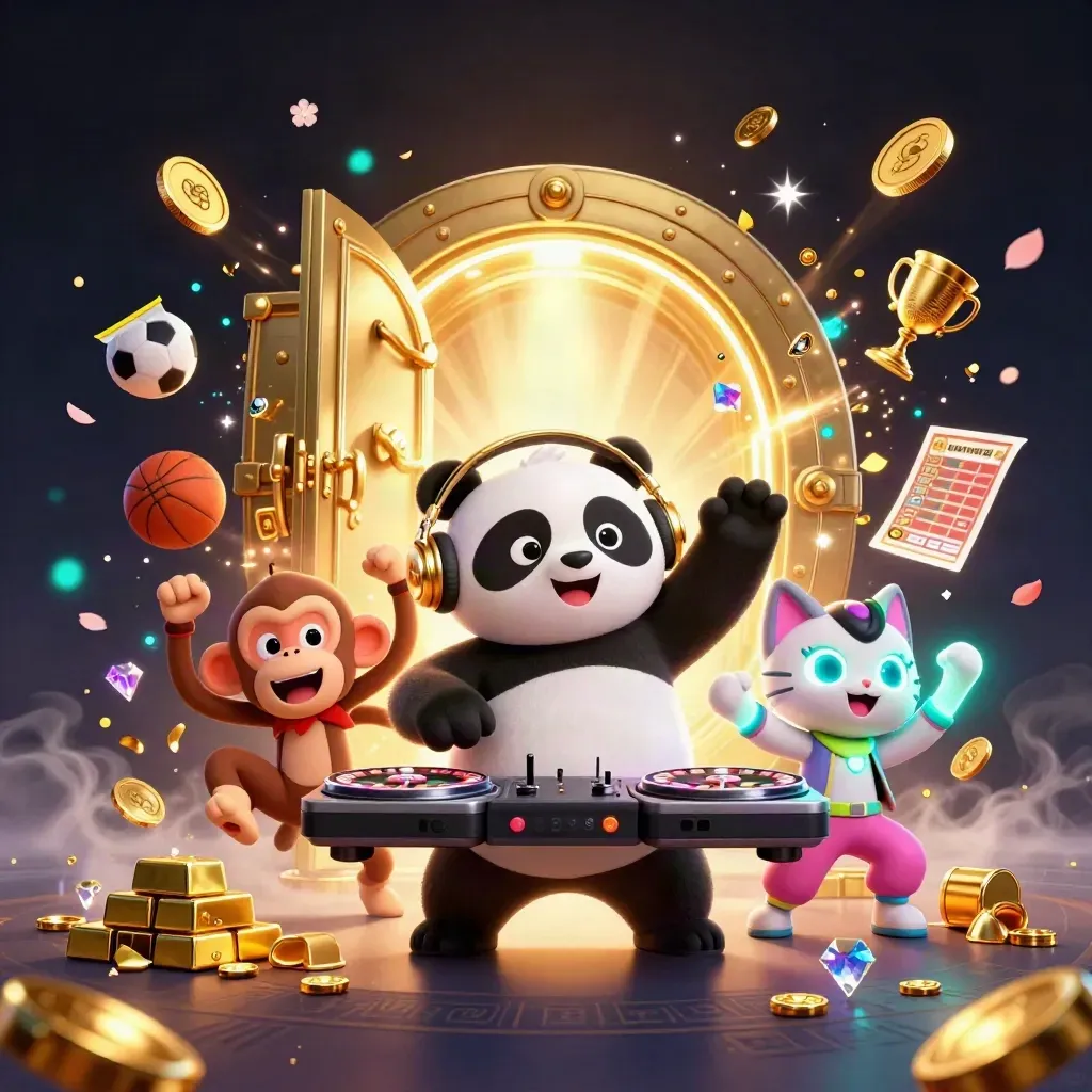 DJ panda, monkey and kitten erupt from an open vault with gold, gems and neon light.