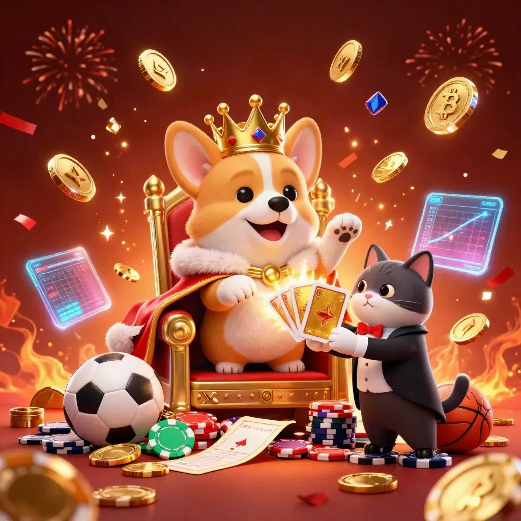 Royal corgi and cat butler amid coin explosions, casino lights, and firework treasure