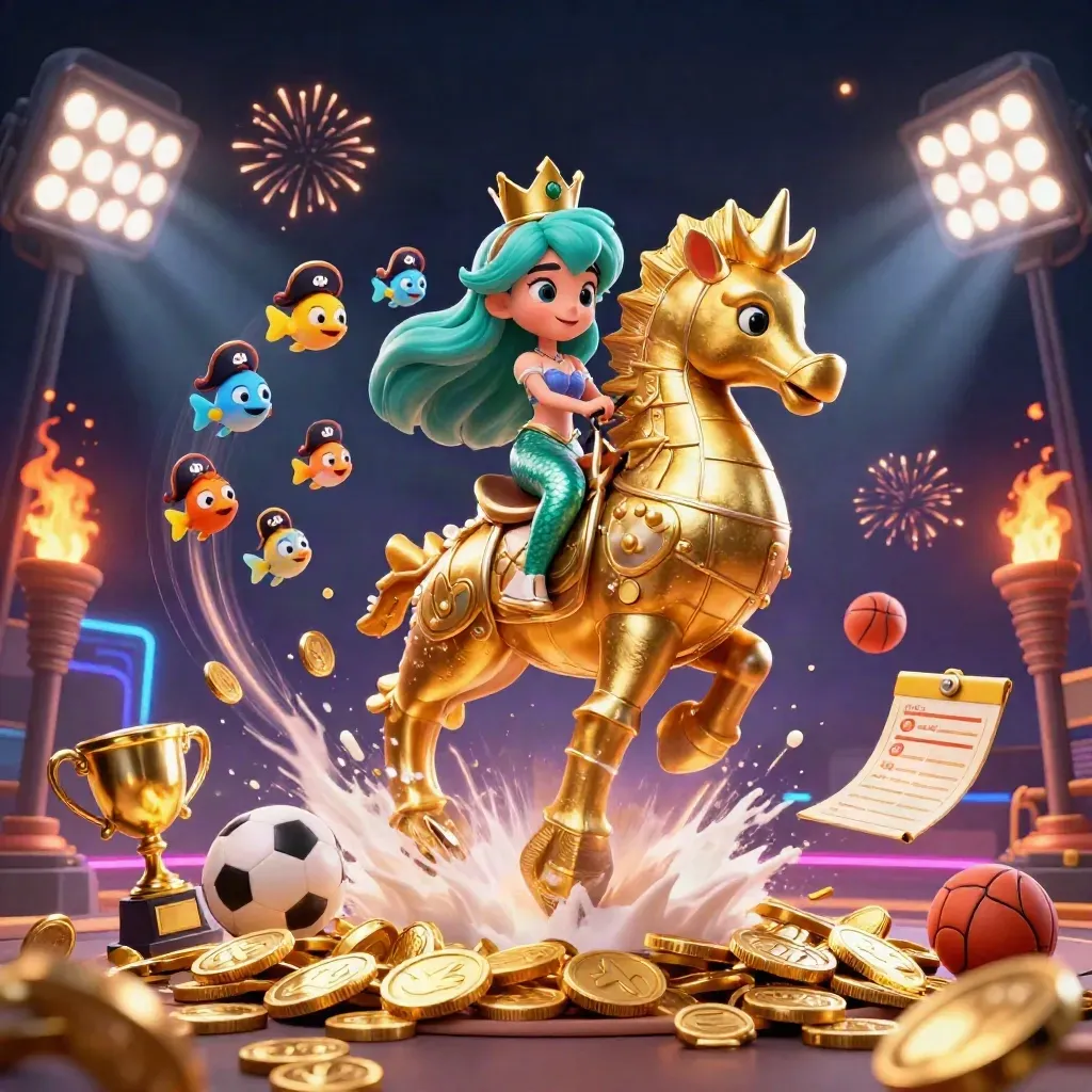 Mermaid princess on golden seahorse amid coins, sports balls, trophy and fireworks in a dark neon casino scene.