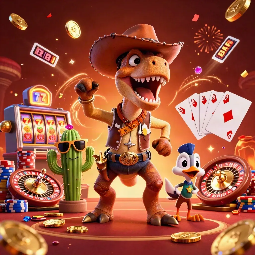 Cowboy T-Rex, cactus and roadrunner amid coins, chips, roulette wheel and glowing casino effects.