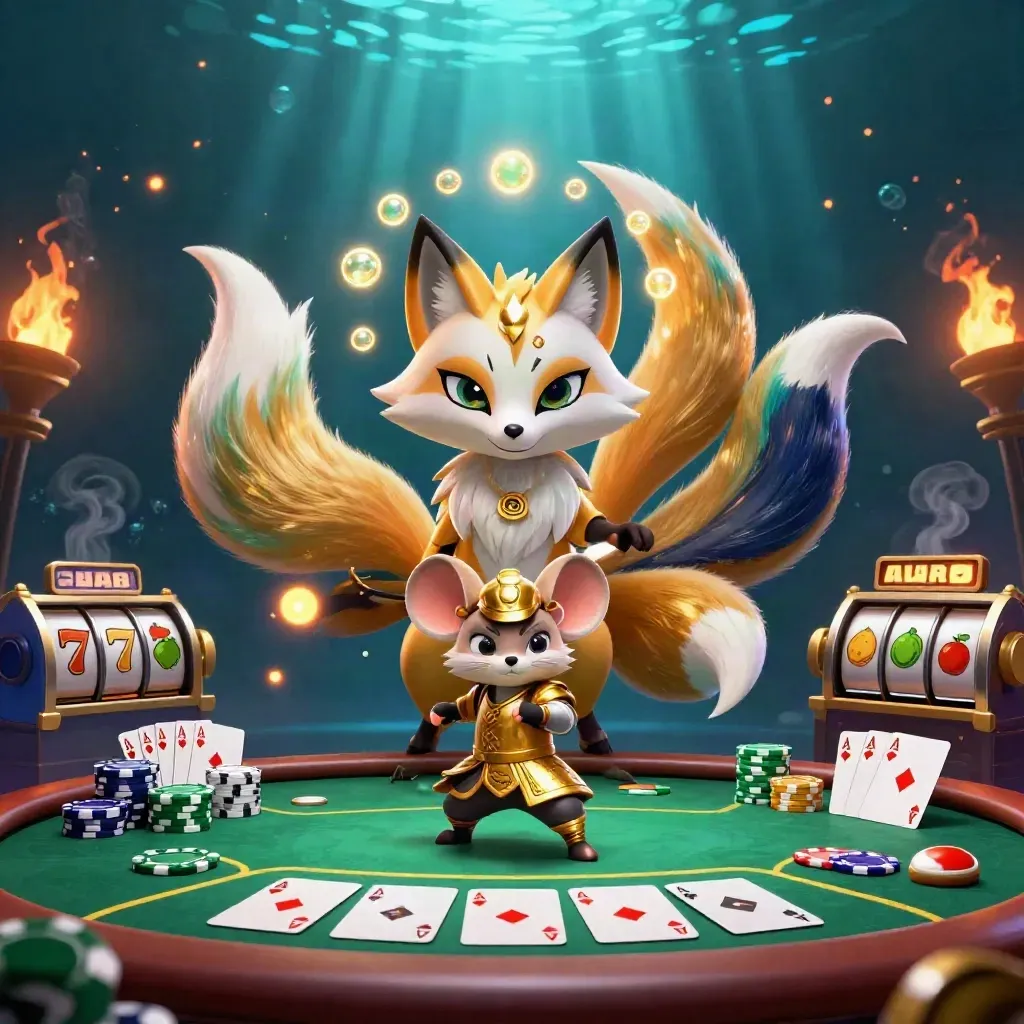 Nine-tailed fox spirit and golden mouse amid poker chips, cards and slot symbols in teal-blue light.