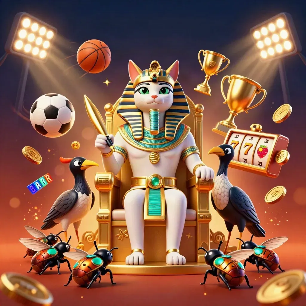 Pharaoh cat, ibis scribe and scarabs amid sports balls, coins, reels and trophy on a fiery casino backdrop.